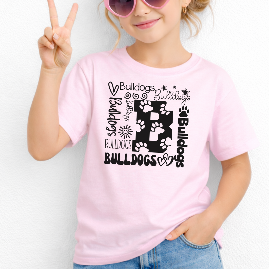 Bulldogs B collage design on Light Pink Gildan 5000B youth T-shirt