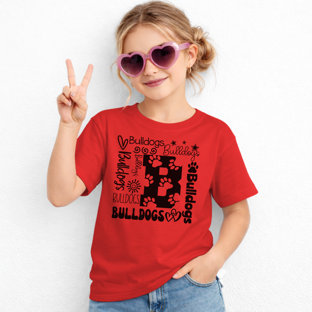 Bulldogs B collage design on Red Gildan 5000B youth T-shirt