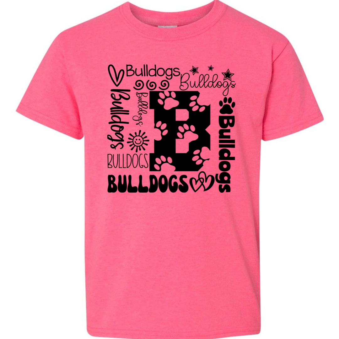 Bulldogs B collage design on Safety Pink Gildan 5000B youth T-shirt