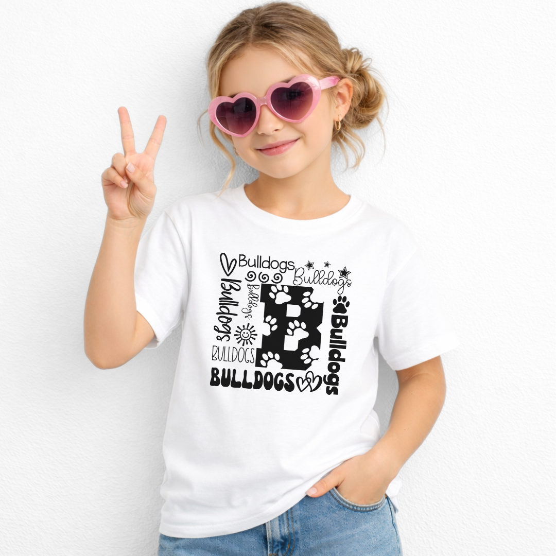 Bulldogs B collage design on White Gildan 5000B youth T-shirt