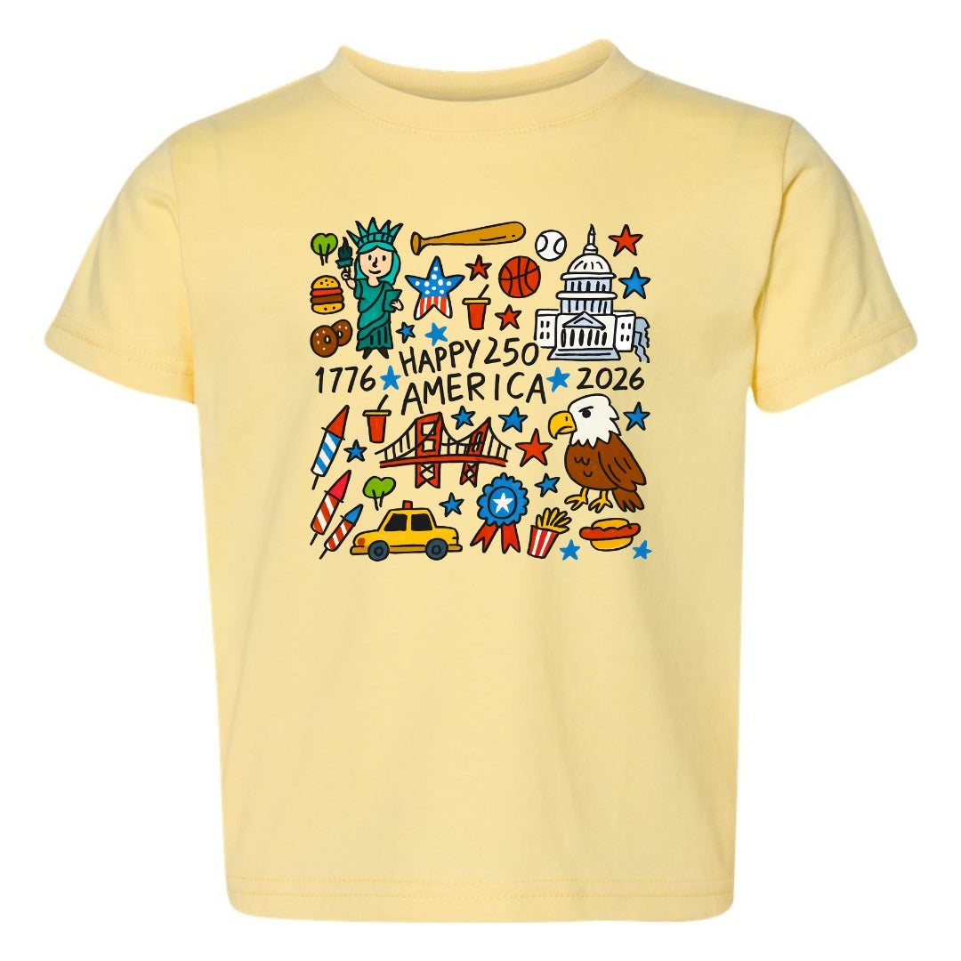 Happy 250 America Kids T-Shirt | Patriotic Doodle Toddler & Youth Tee
