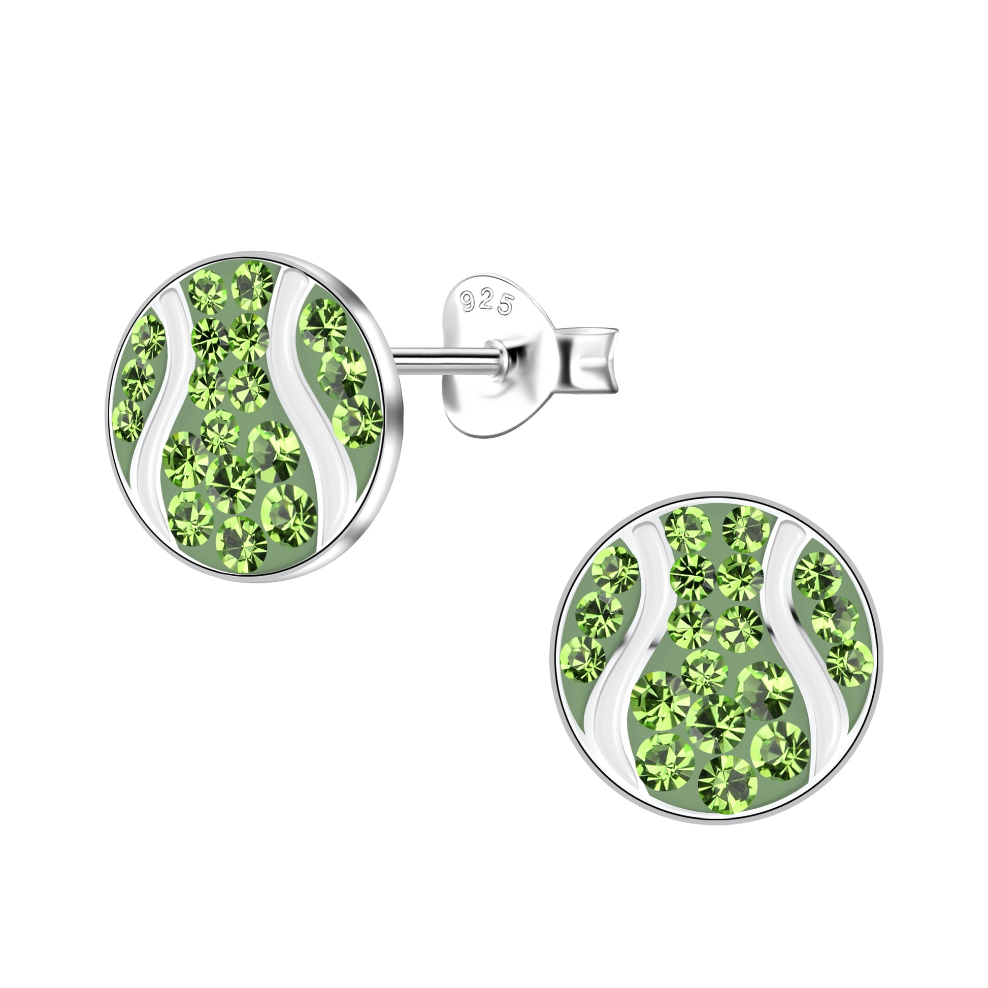 a pair of earrings with green crystals in the shape of a tennis ball