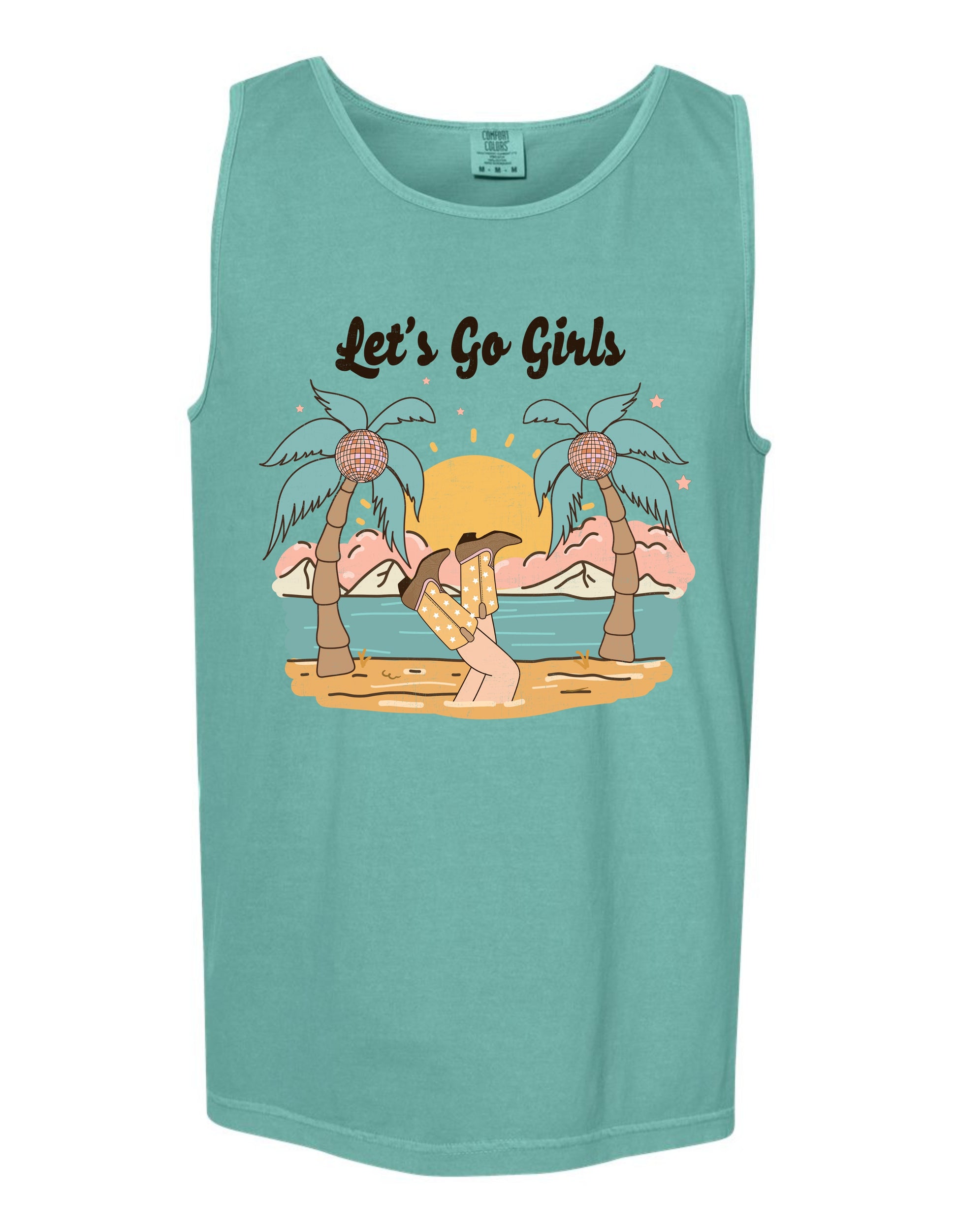 A turquoise tank top with a graphic design depicting a beach scene with palm trees, a sunset, and a person in the foreground.