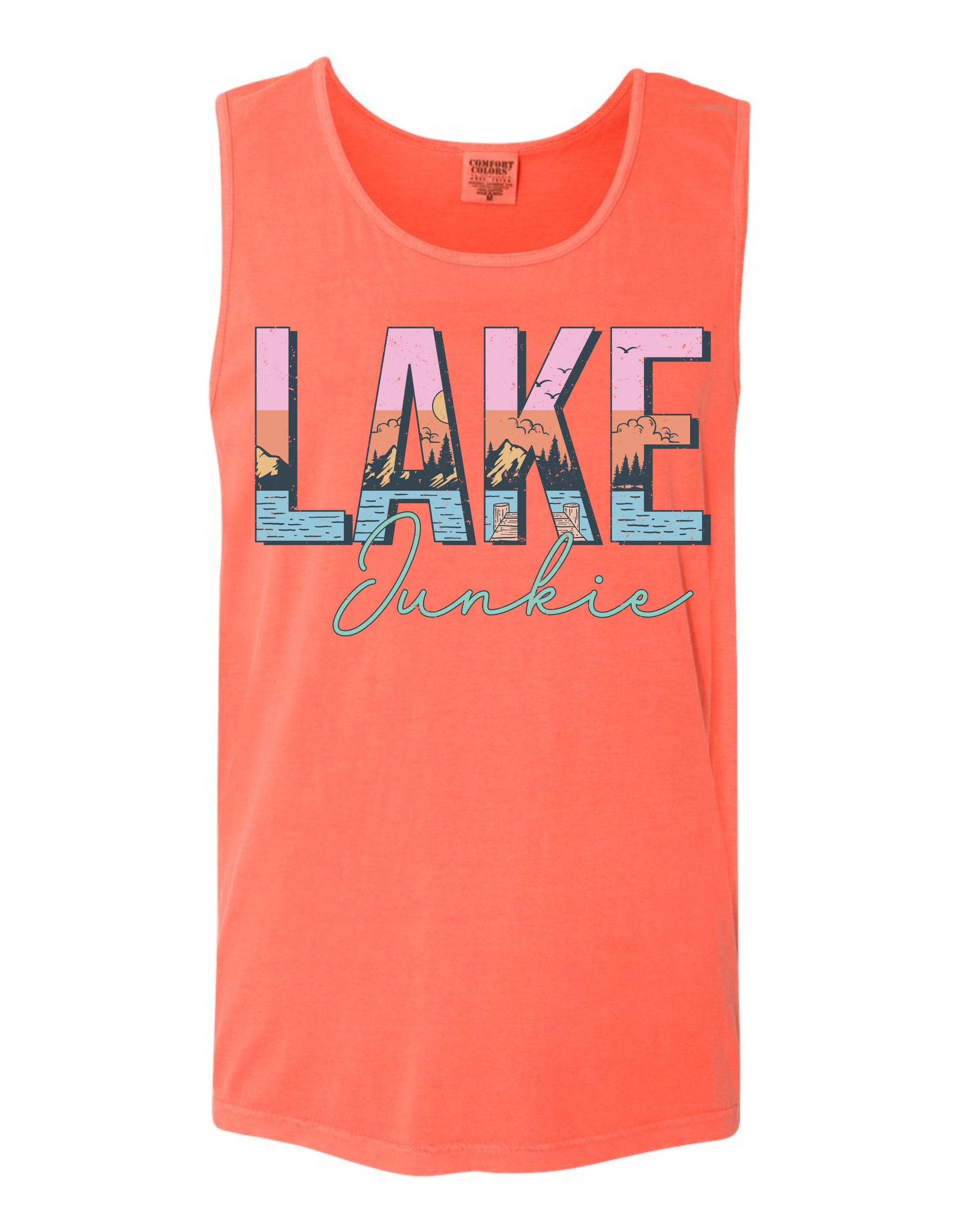 The image is a bright orange tank top with the word "LAKENIE" prominently displayed in large letters.