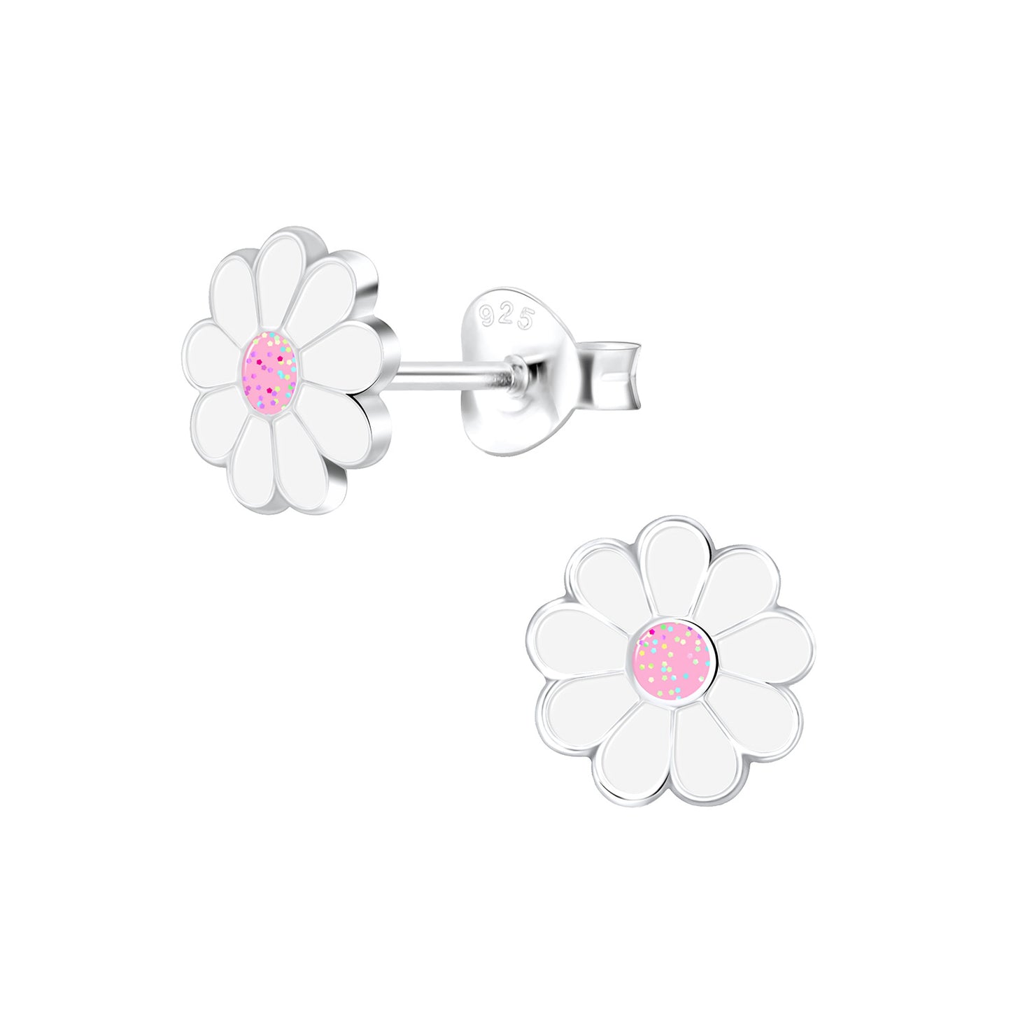 a pair of white and pink flower earrings