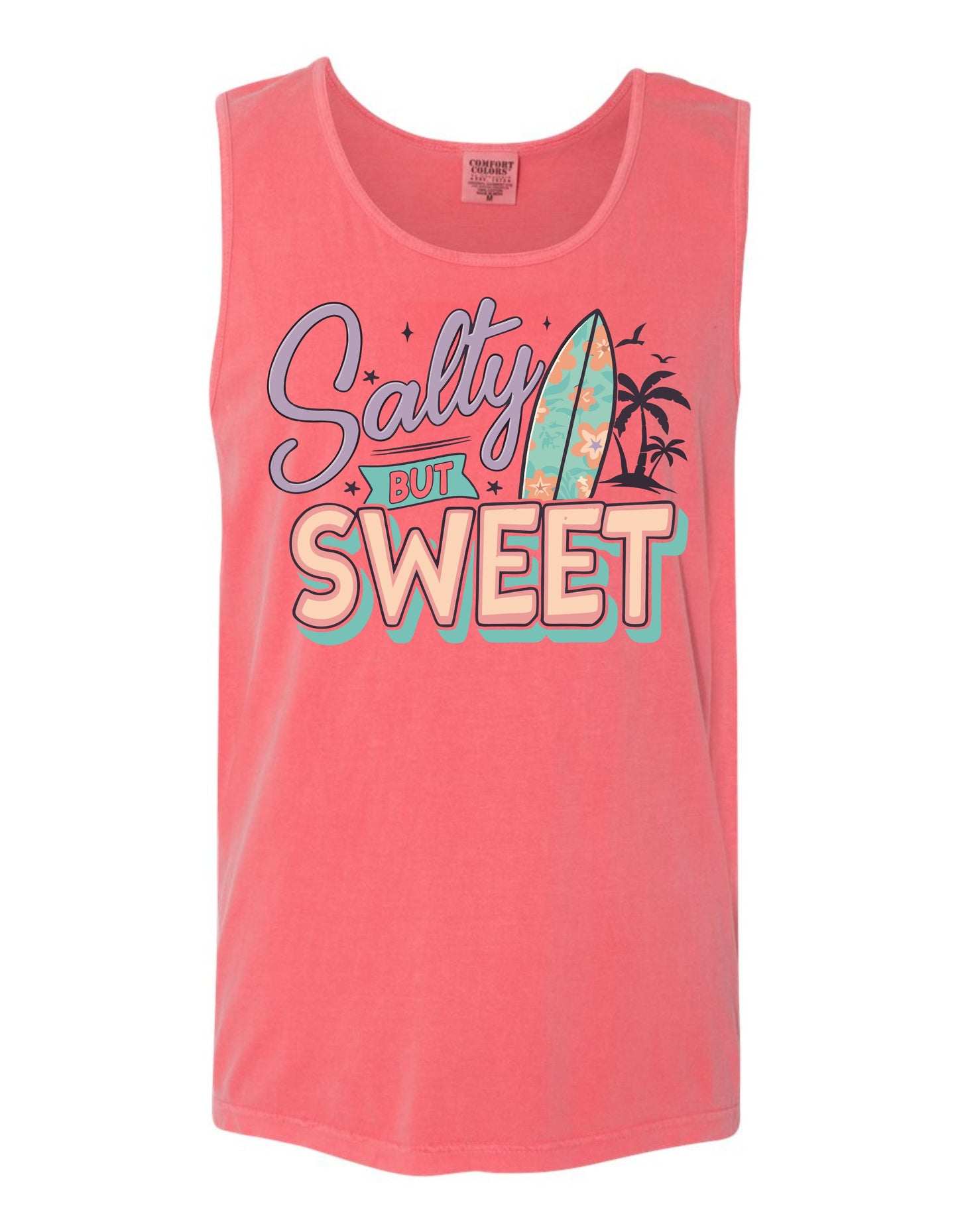 A pink tank top with a graphic design featuring a surfboard and the text "Salty but Sweet" in a colorful, retro-style font.