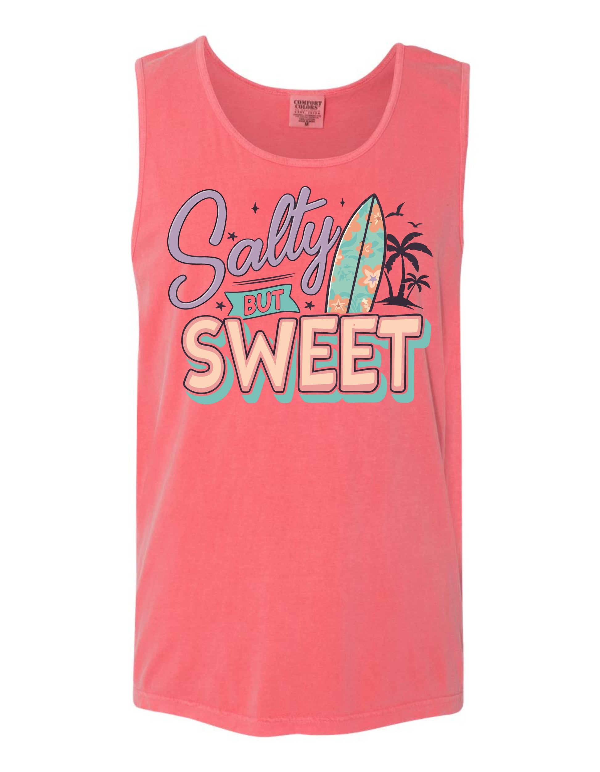A pink tank top with a graphic design featuring a surfboard and the text "Salty but Sweet" in a colorful, retro-style font.