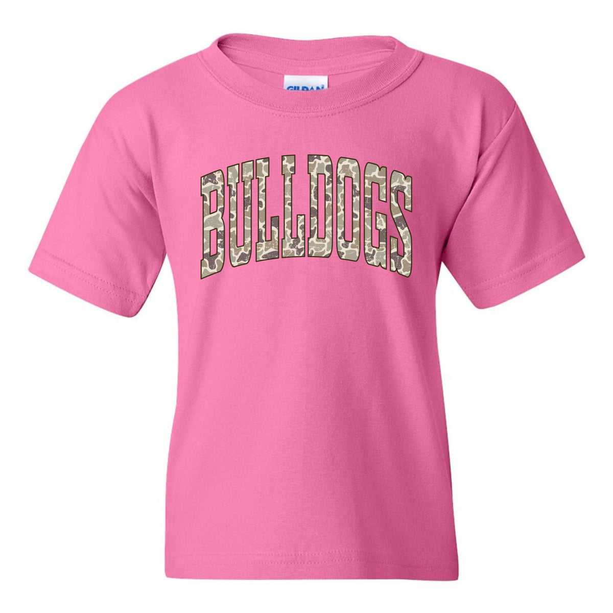 Camo Bulldogs wordmark youth T-shirt in Azalea, Gildan 5000B flat lay