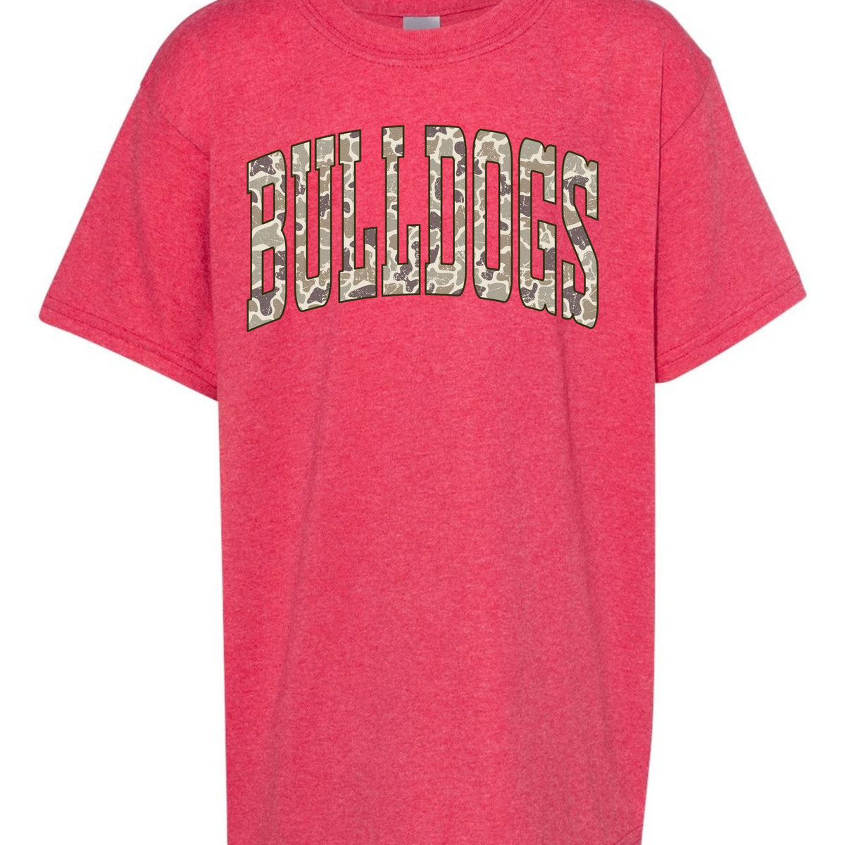 Camo Bulldogs wordmark youth T-shirt in Heather Red, Gildan 5000B flat lay