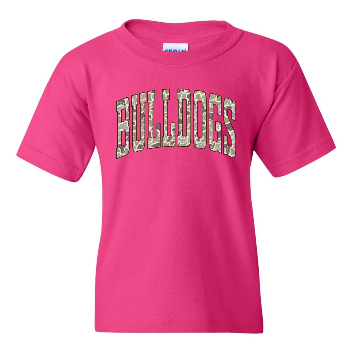 Camo Bulldogs wordmark youth T-shirt in Heliconia, Gildan 5000B flat lay