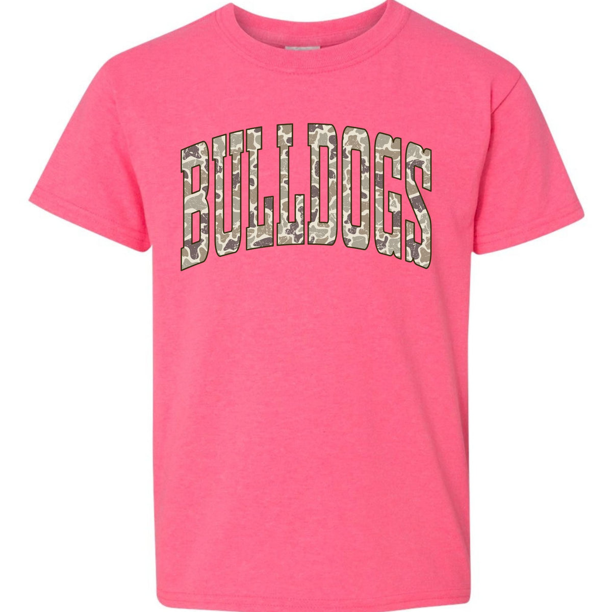 Camo Bulldogs wordmark youth T-shirt in Safety Pink, Gildan 5000B flat lay