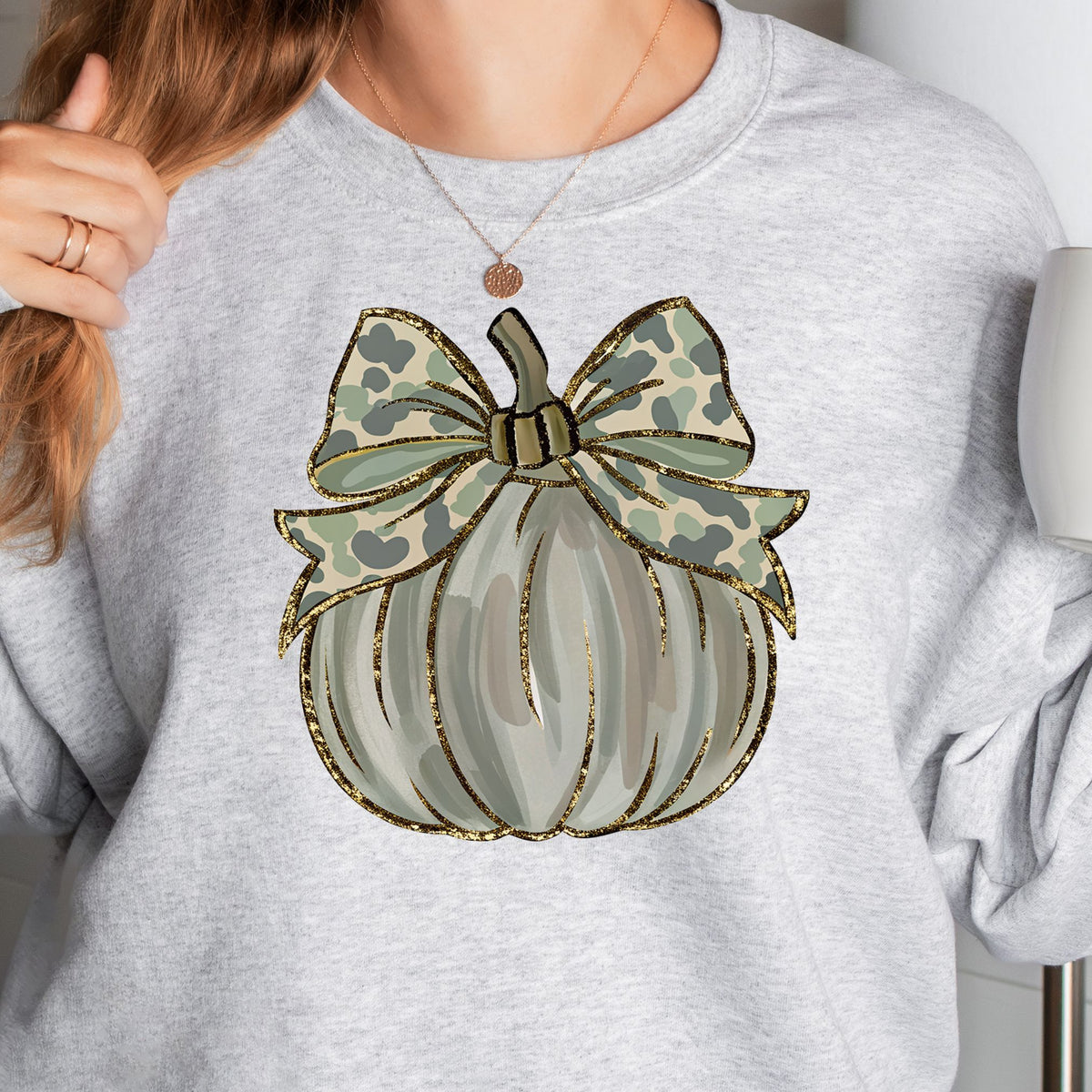 Camo coquette pumpkin crewneck sweatshirt in Ash