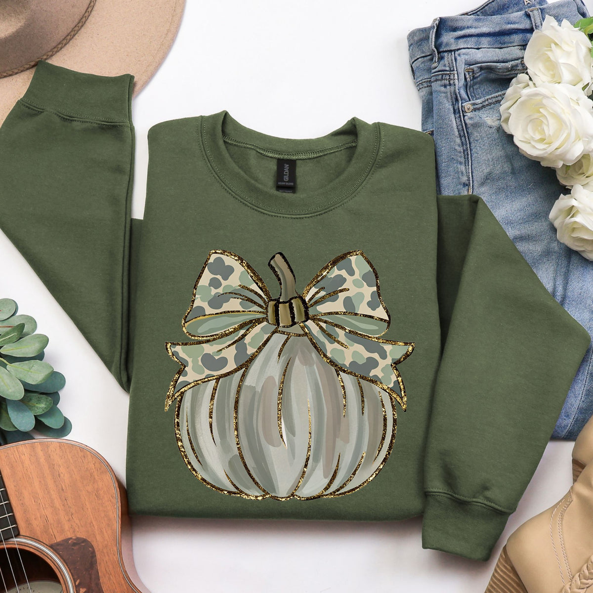 Camo coquette pumpkin crewneck sweatshirt in Military Green