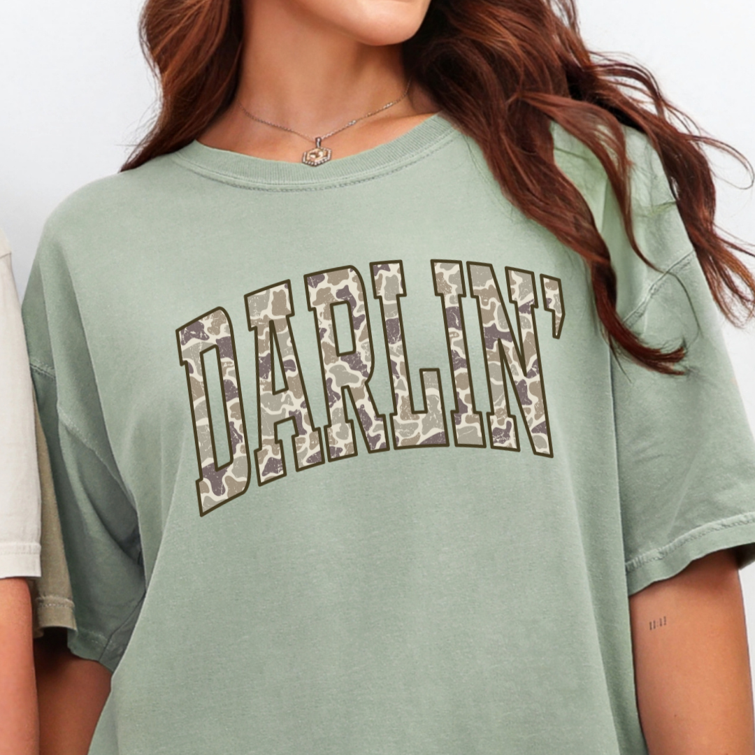 Camo DARLIN' graphic T-shirt in Bay, lifestyle view