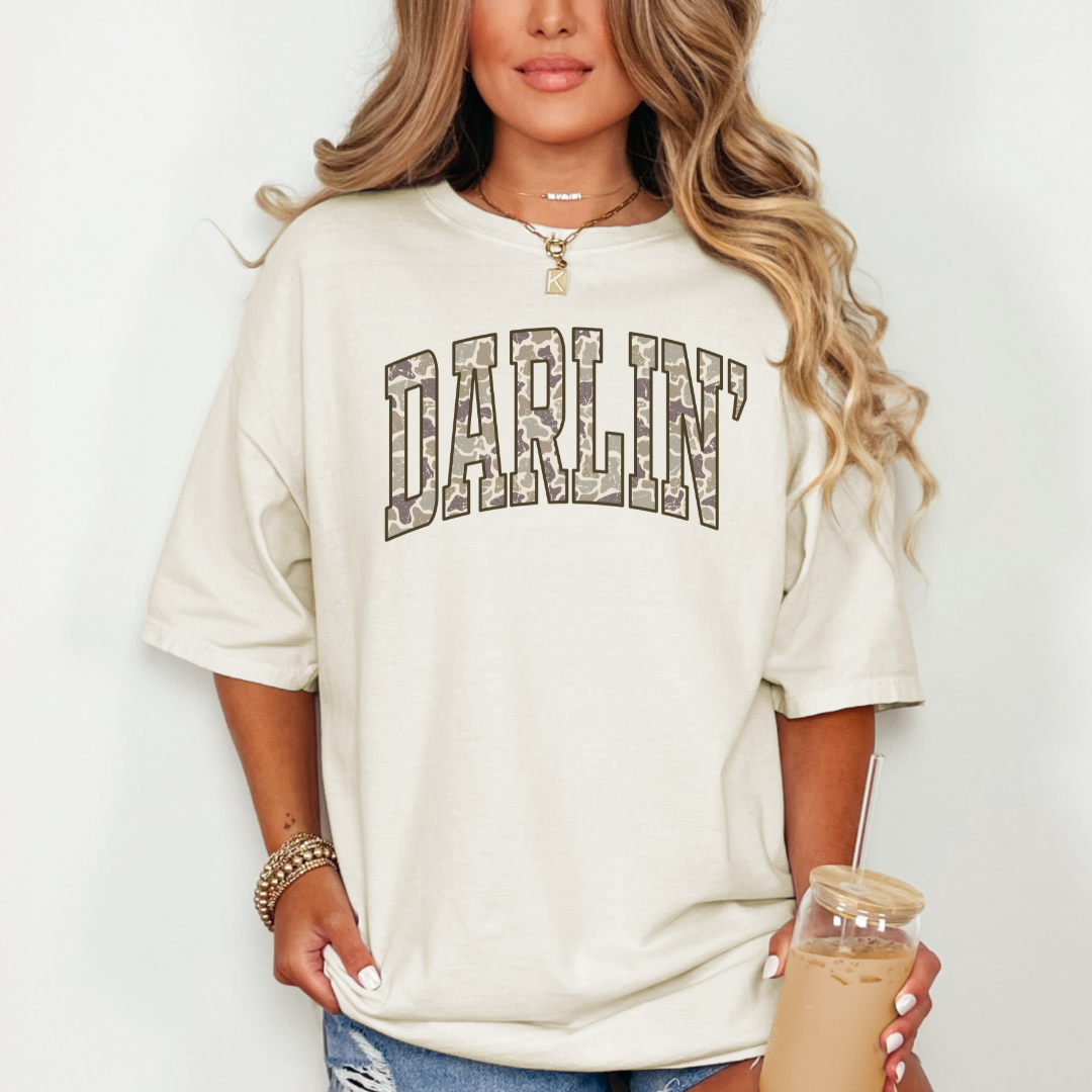 Camo DARLIN' graphic T-shirt in Ivory, lifestyle view
