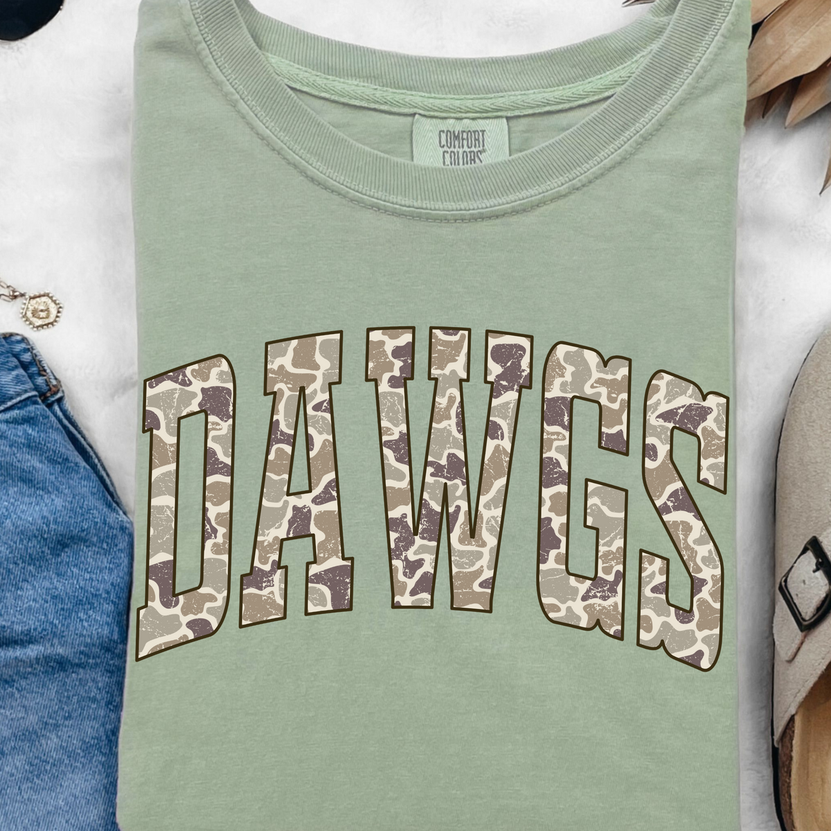 Folded Bay garment-dyed T-shirt with Camo DAWGS graphic