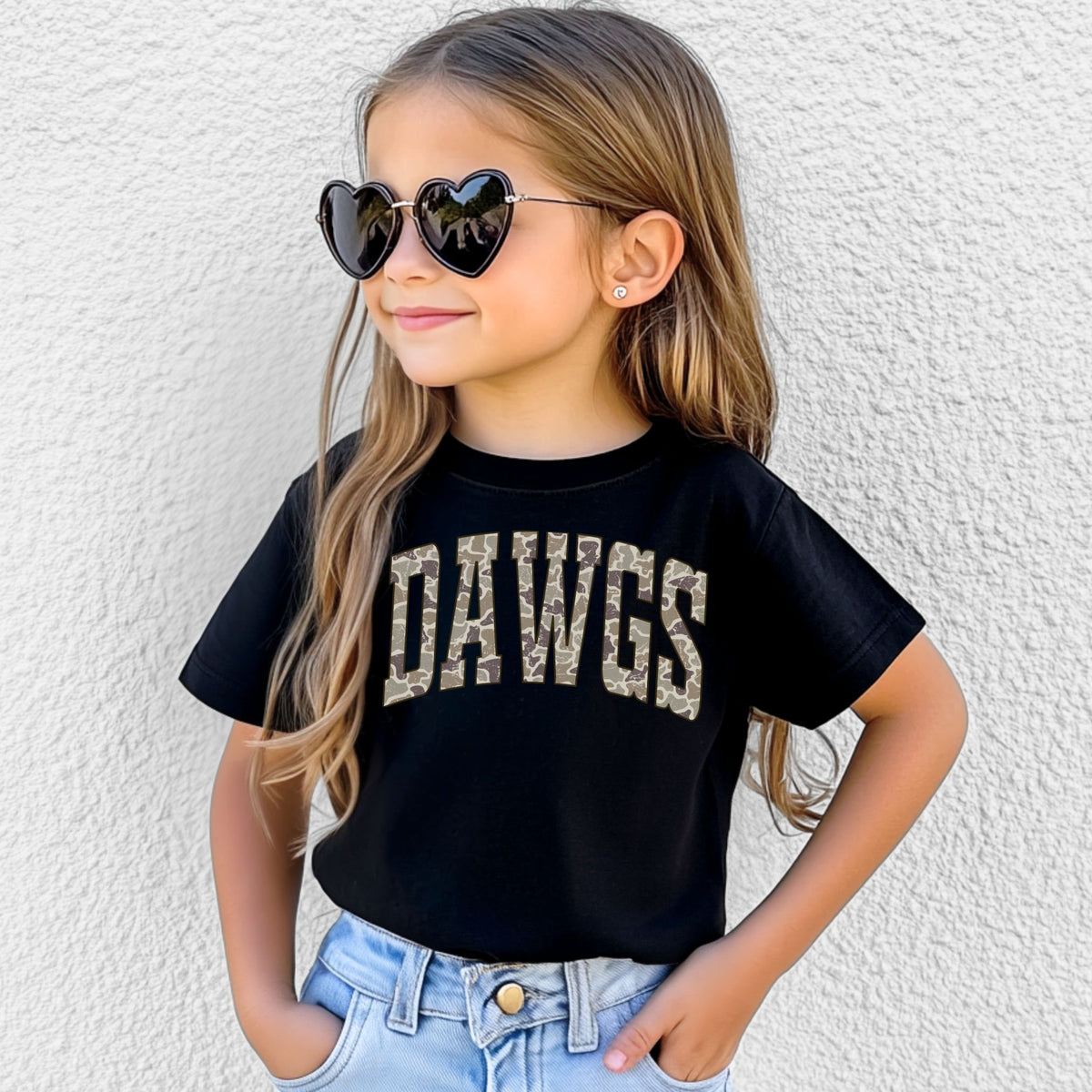 Camo DAWGS youth T-shirt on Bella+Canvas 3001Y in Black