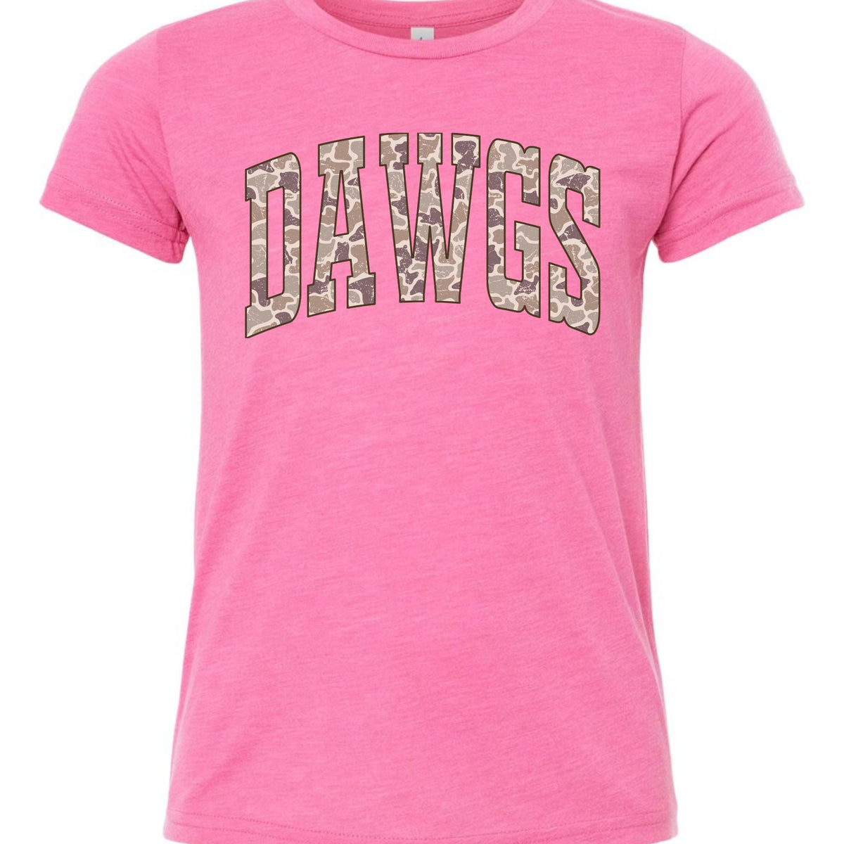 Camo DAWGS youth T-shirt on Bella+Canvas 3001Y in Charity Pink