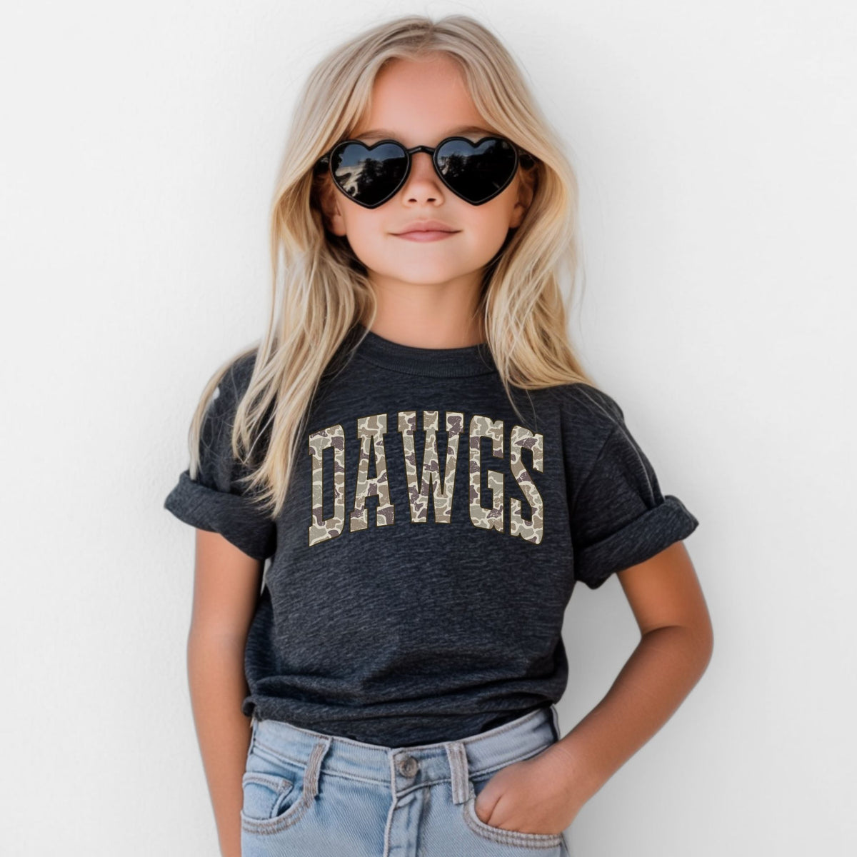 Camo DAWGS youth T-shirt on Bella+Canvas 3001Y in Dark Grey Heather