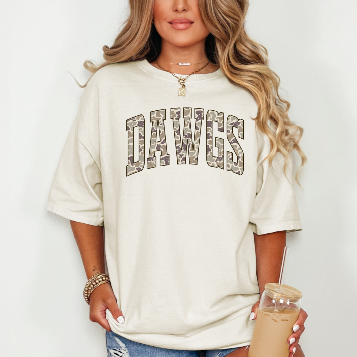 Camo DAWGS graphic on an Ivory garment-dyed T-shirt