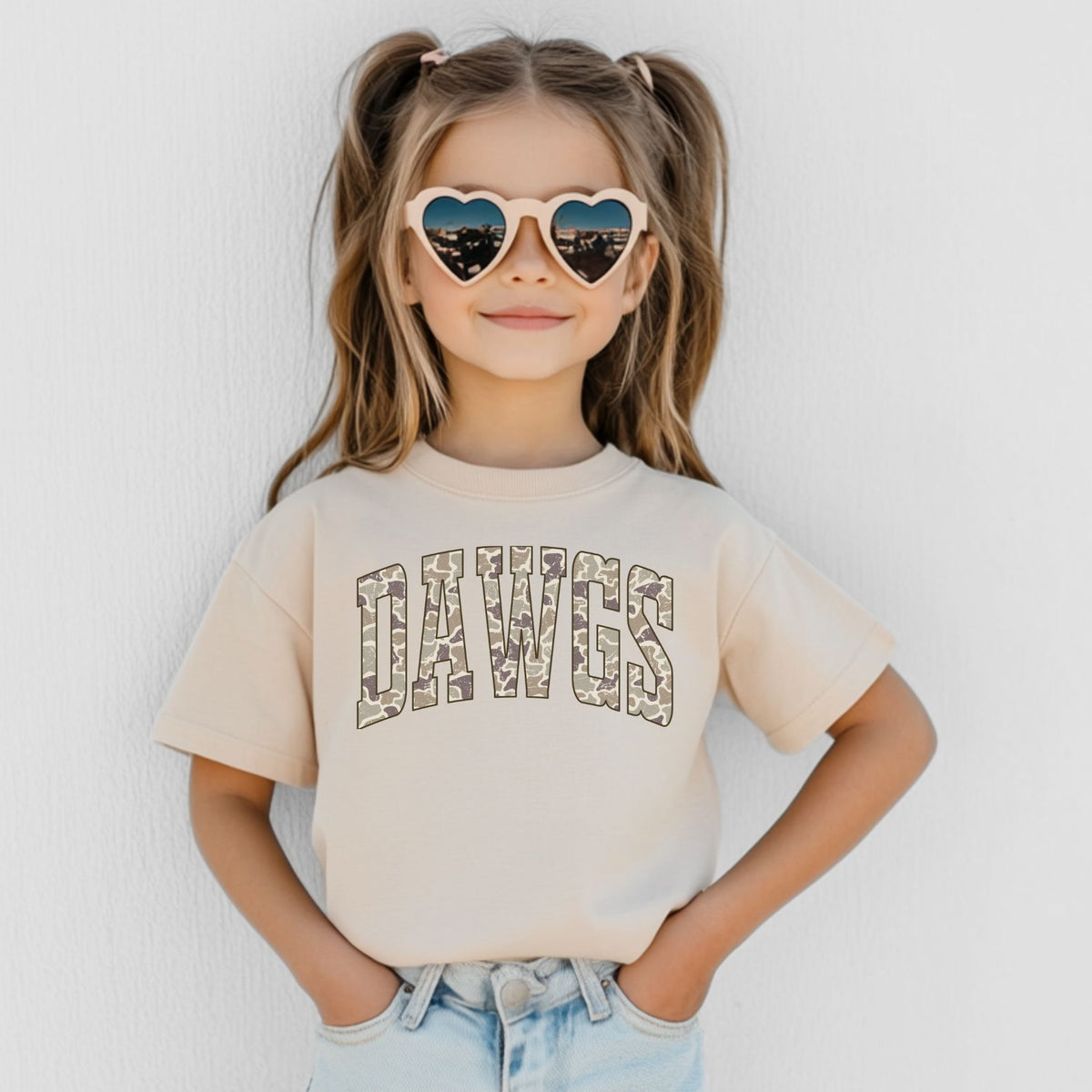 Camo DAWGS youth T-shirt on Bella+Canvas 3001Y in Natural
