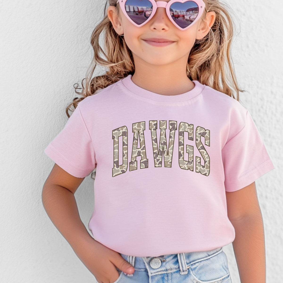 Camo DAWGS youth T-shirt on Bella+Canvas 3001Y in Pink