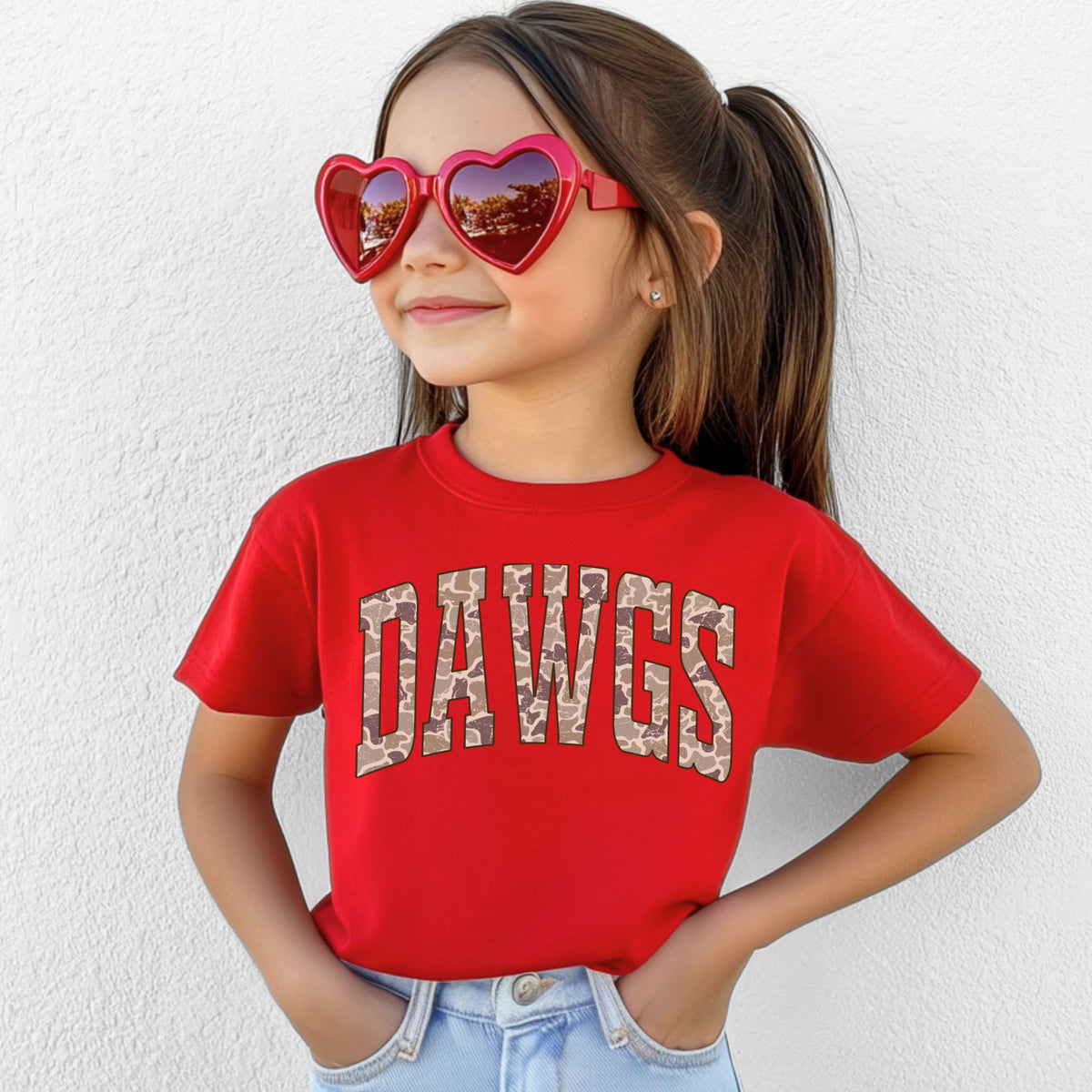 Camo DAWGS youth T-shirt on Bella+Canvas 3001Y in Red