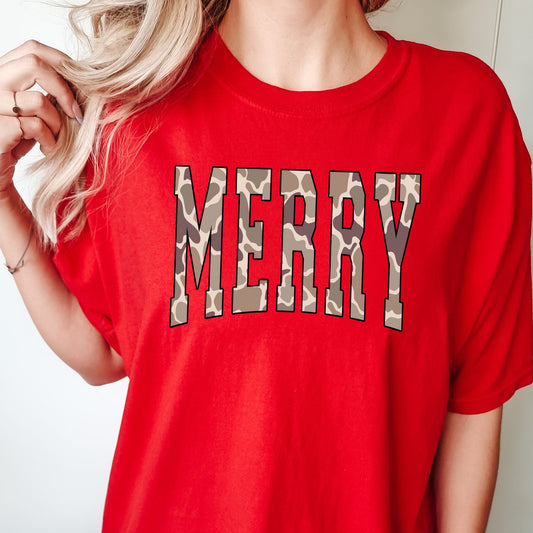 Camo MERRY varsity lettering on a Red T-shirt