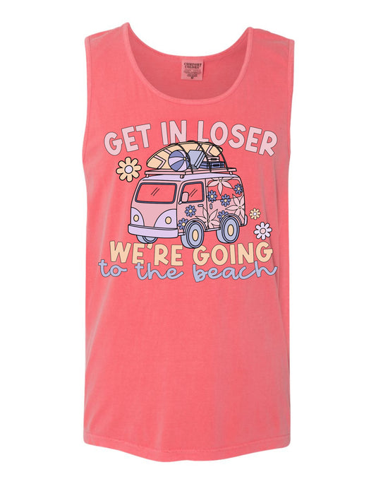 A pink tank top with a graphic design featuring a van or truck with a surfboard on top, along with the text "GET IN LOSER WE'RE GOING TO THE BEACH" printed on it.