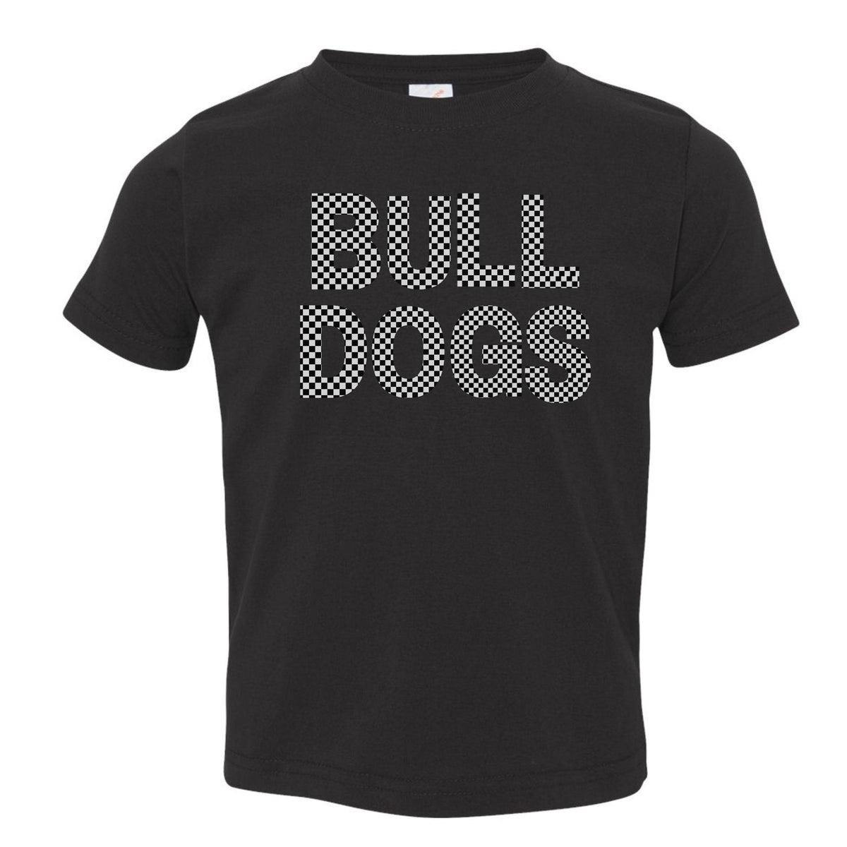 Checkered Bulldogs toddler T-shirt in black, Rabbit Skins 3321 flat lay