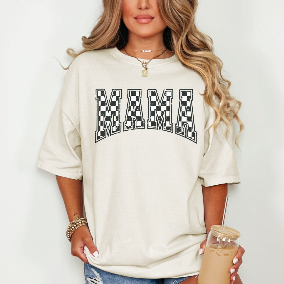 Ivory Comfort Colors 1717 tee with checkered MAMA design