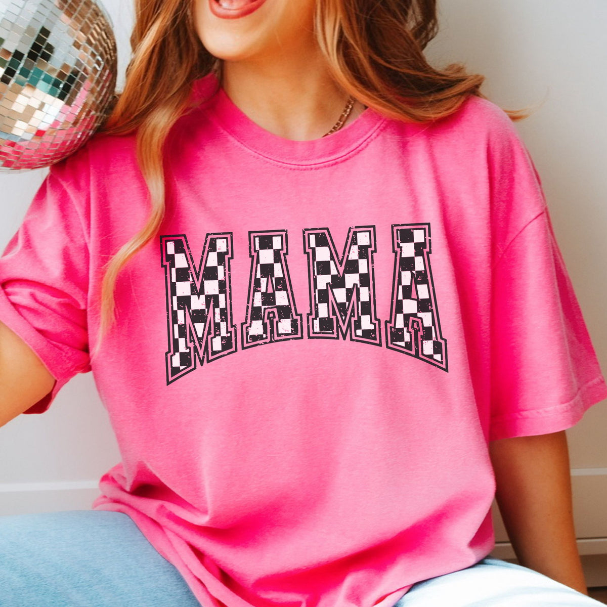 Neon Pink Comfort Colors 1717 tee with checkered MAMA design