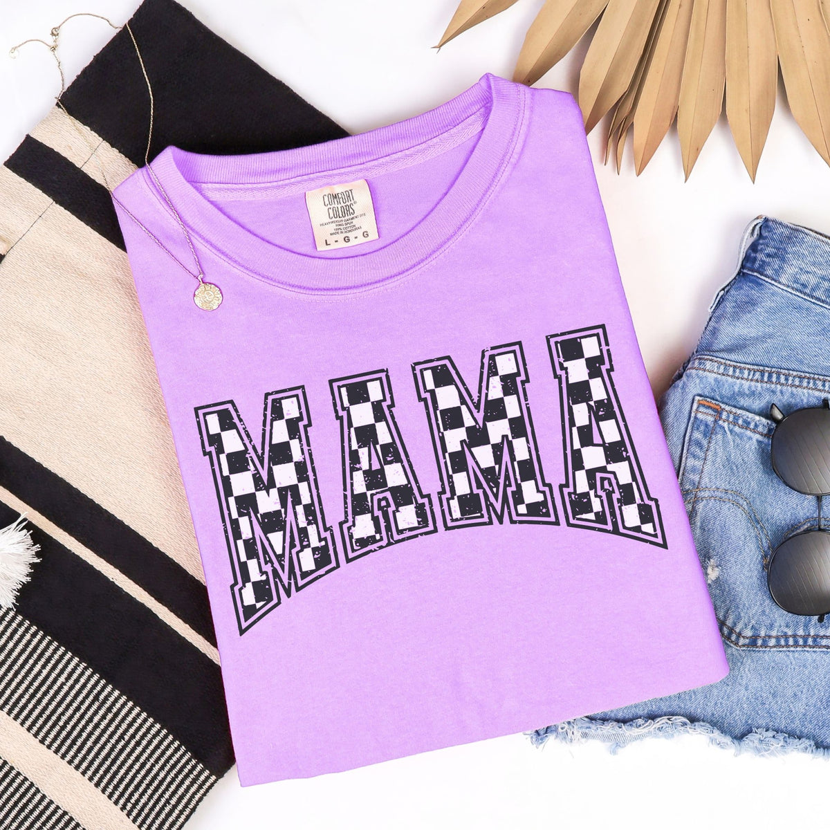 Neon Violet Comfort Colors 1717 checkered MAMA tee, folded