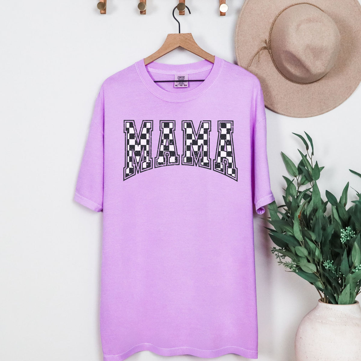 Neon Violet Comfort Colors 1717 checkered MAMA tee, hanging