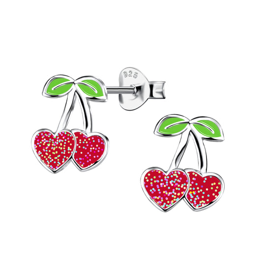 Cherry Heart Glitter Sterling Silver Stud Earrings