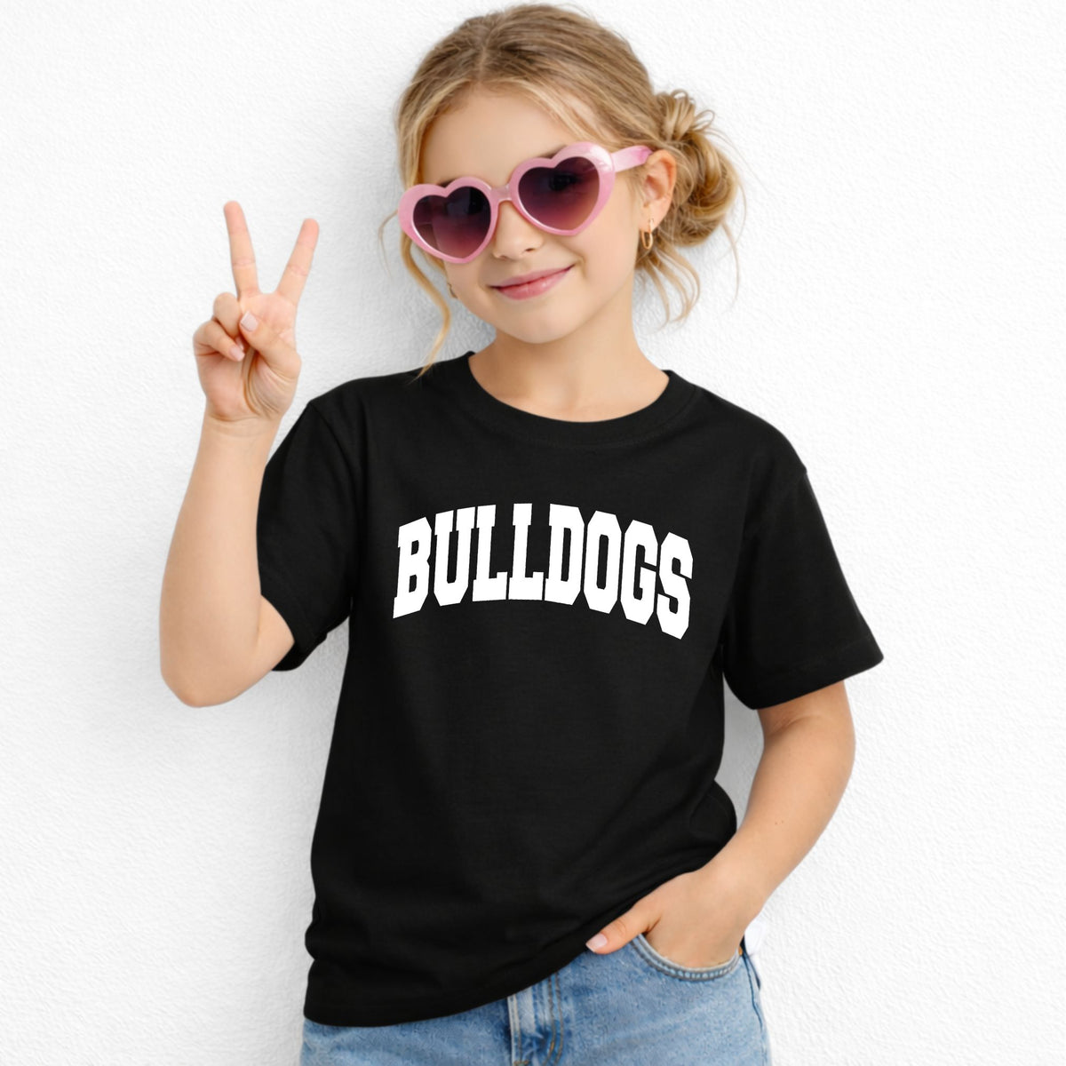 Black Gildan 5000B youth tee with white collegiate Bulldogs wordmark