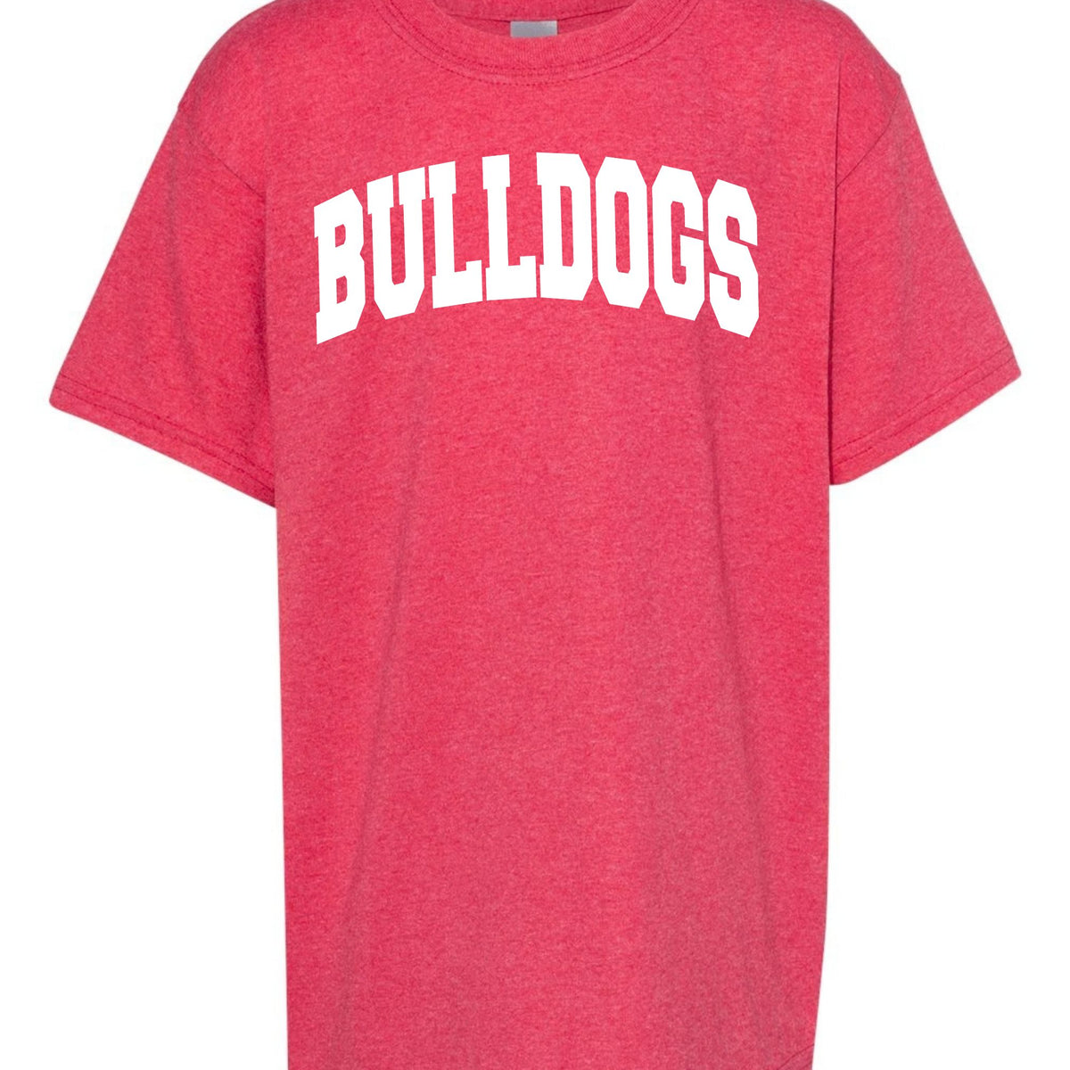 Heather Red Gildan 5000B youth tee with white collegiate Bulldogs wordmark
