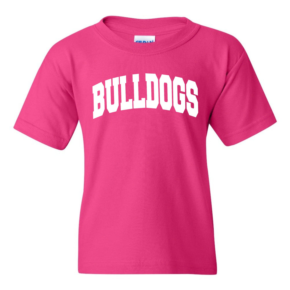 Heliconia Gildan 5000B youth tee with white collegiate Bulldogs wordmark