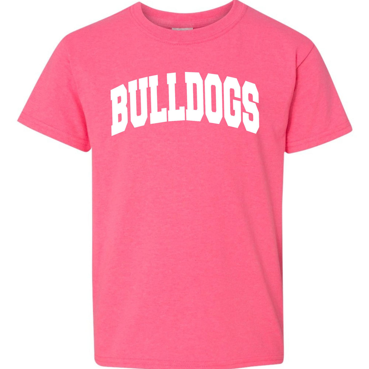 Safety Pink Gildan 5000B youth tee with white collegiate Bulldogs wordmark