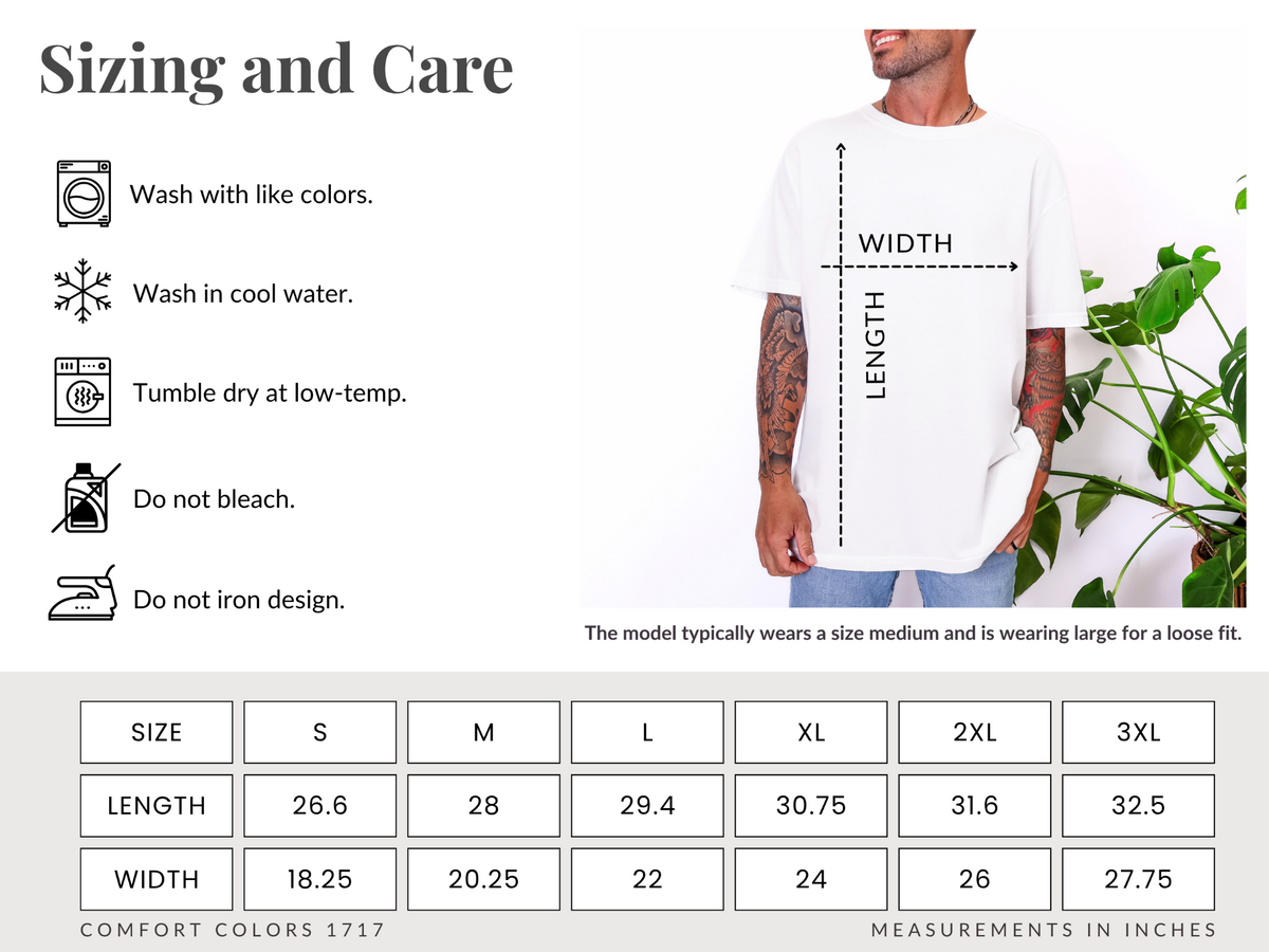 Adult garment-dyed T-shirt size and care guide