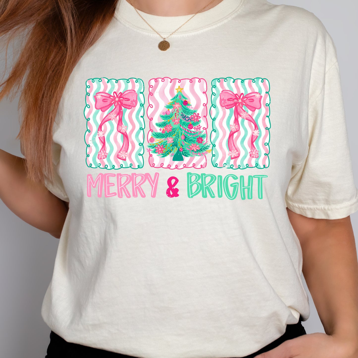 Merry and Bright Striped Bow and Christmas tree tshirt