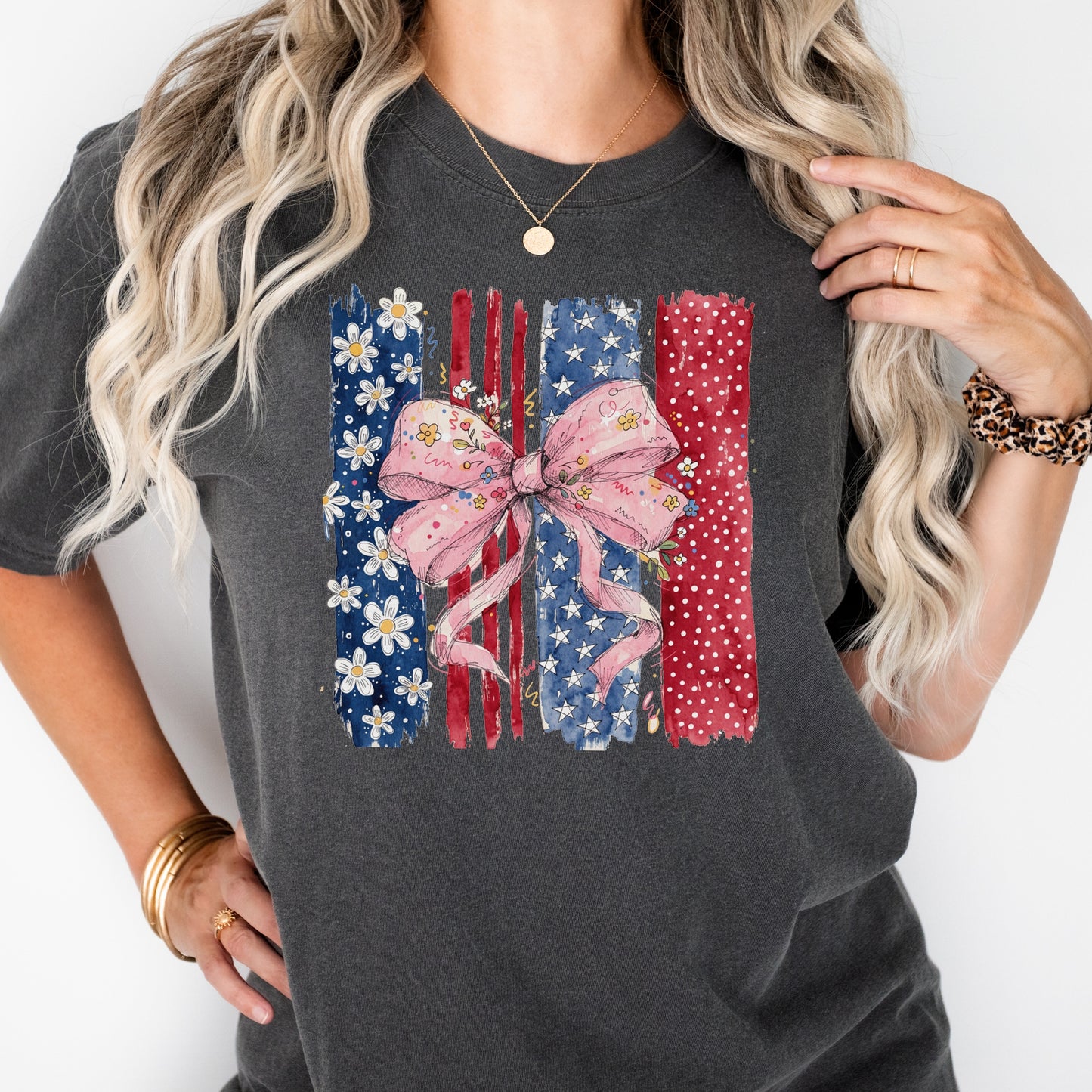Floral Bow American Flag T-Shirt | Coquette Patriotic Comfort Colors Tee