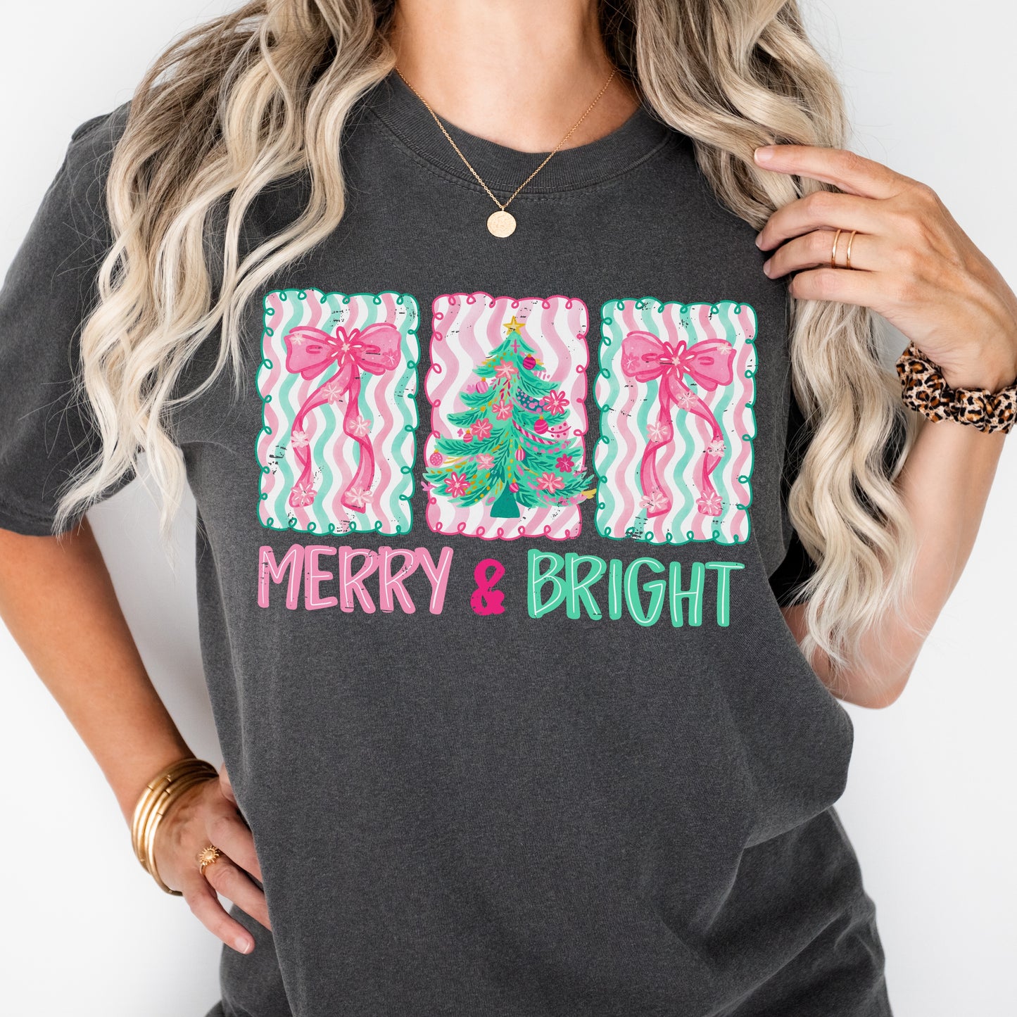 Merry and Bright Striped Bow and Christmas tree tshirt