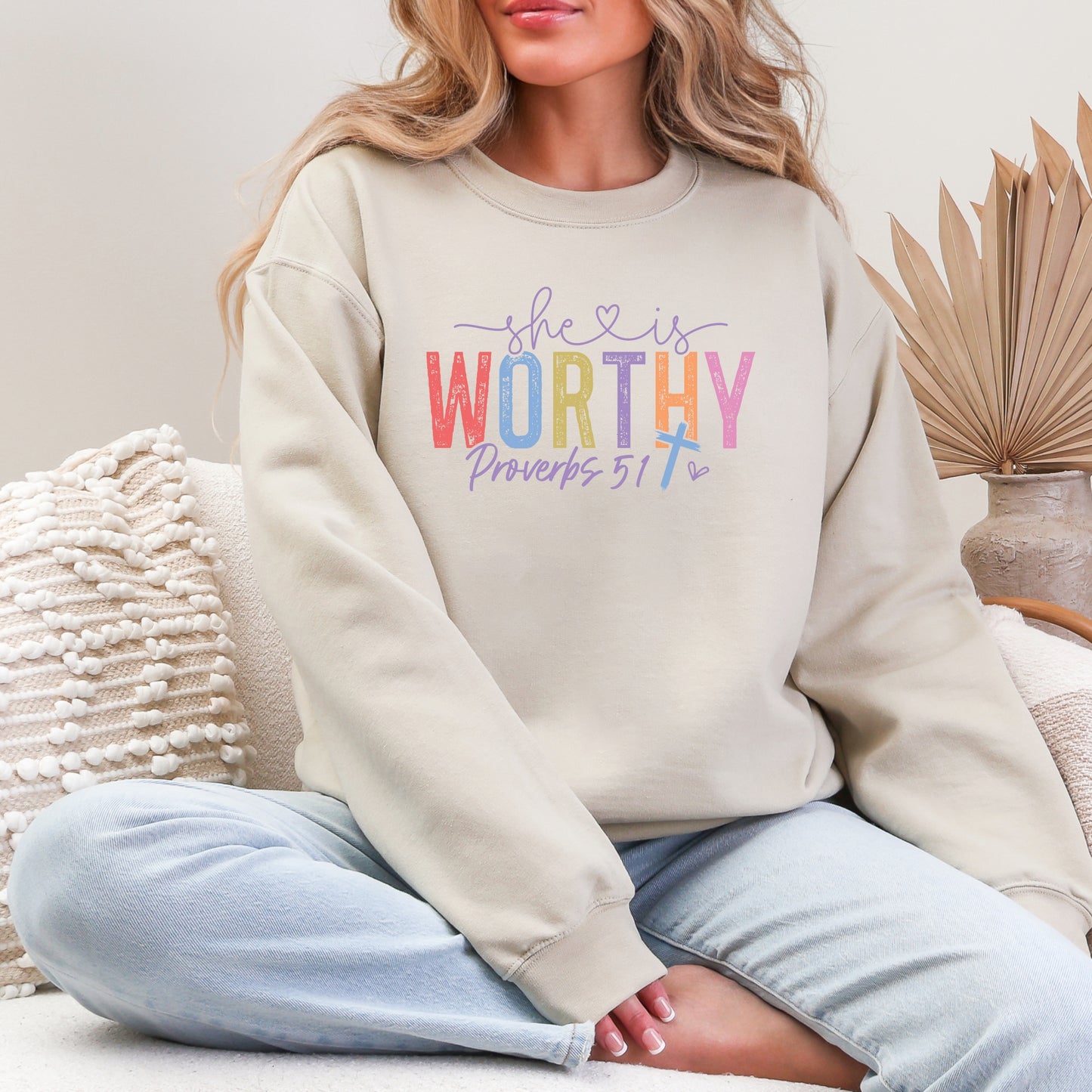 She is Worthy Religious Bible Verse Sweatshirt