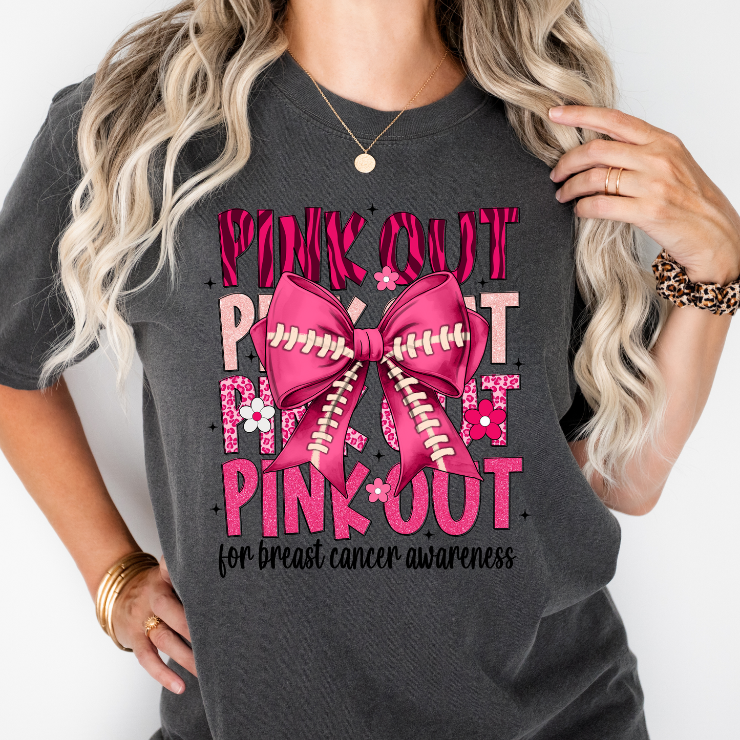 Pink Out for Breast Cancer tshirt with Football Bow