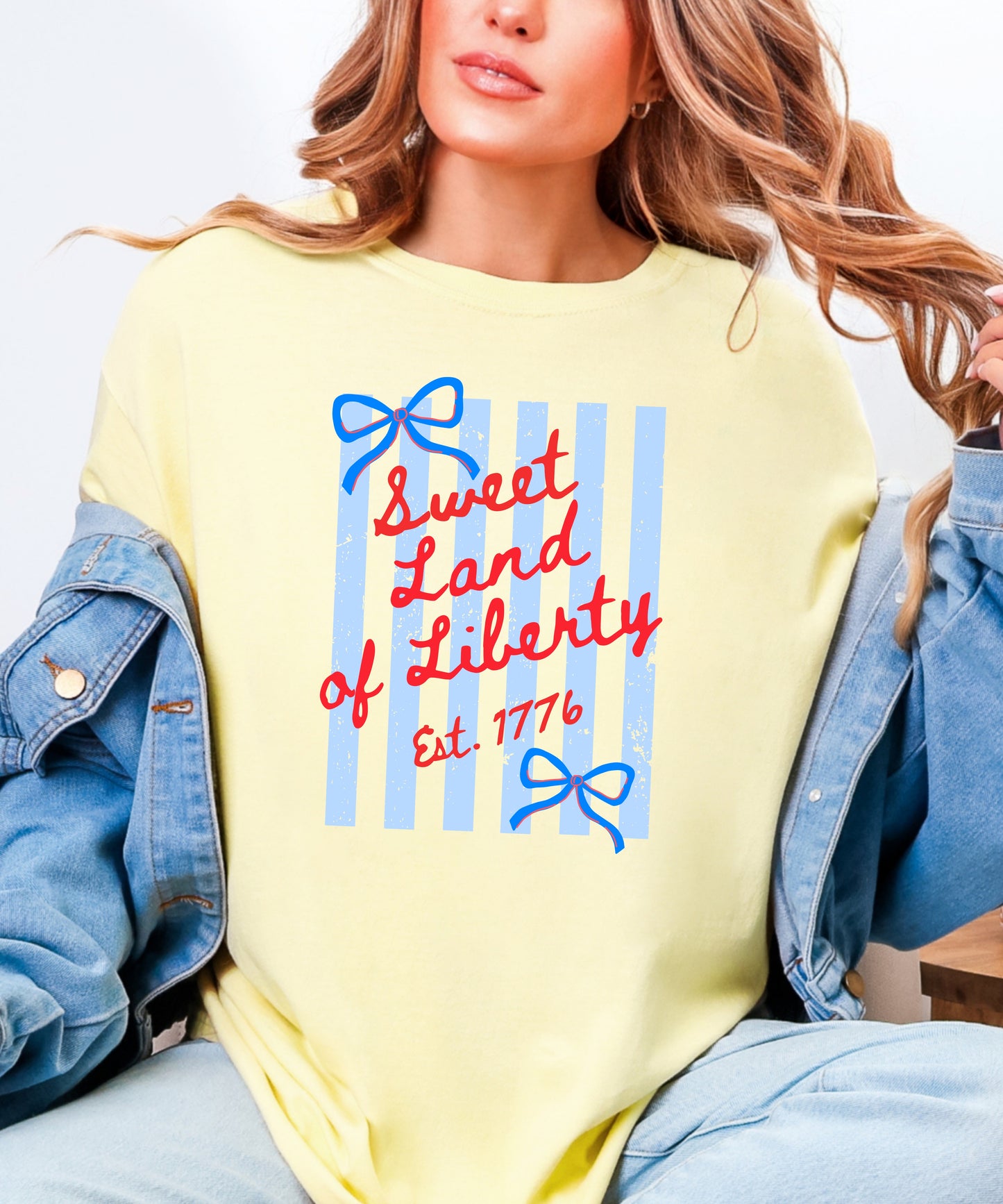 Sweet Land of Liberty Patriotic T-Shirt | Coquette Bow Comfort Colors Tee