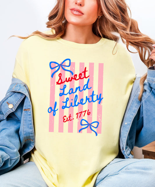 Sweet Land of Liberty Patriotic T-Shirt | Coquette Bow Comfort Colors Tee