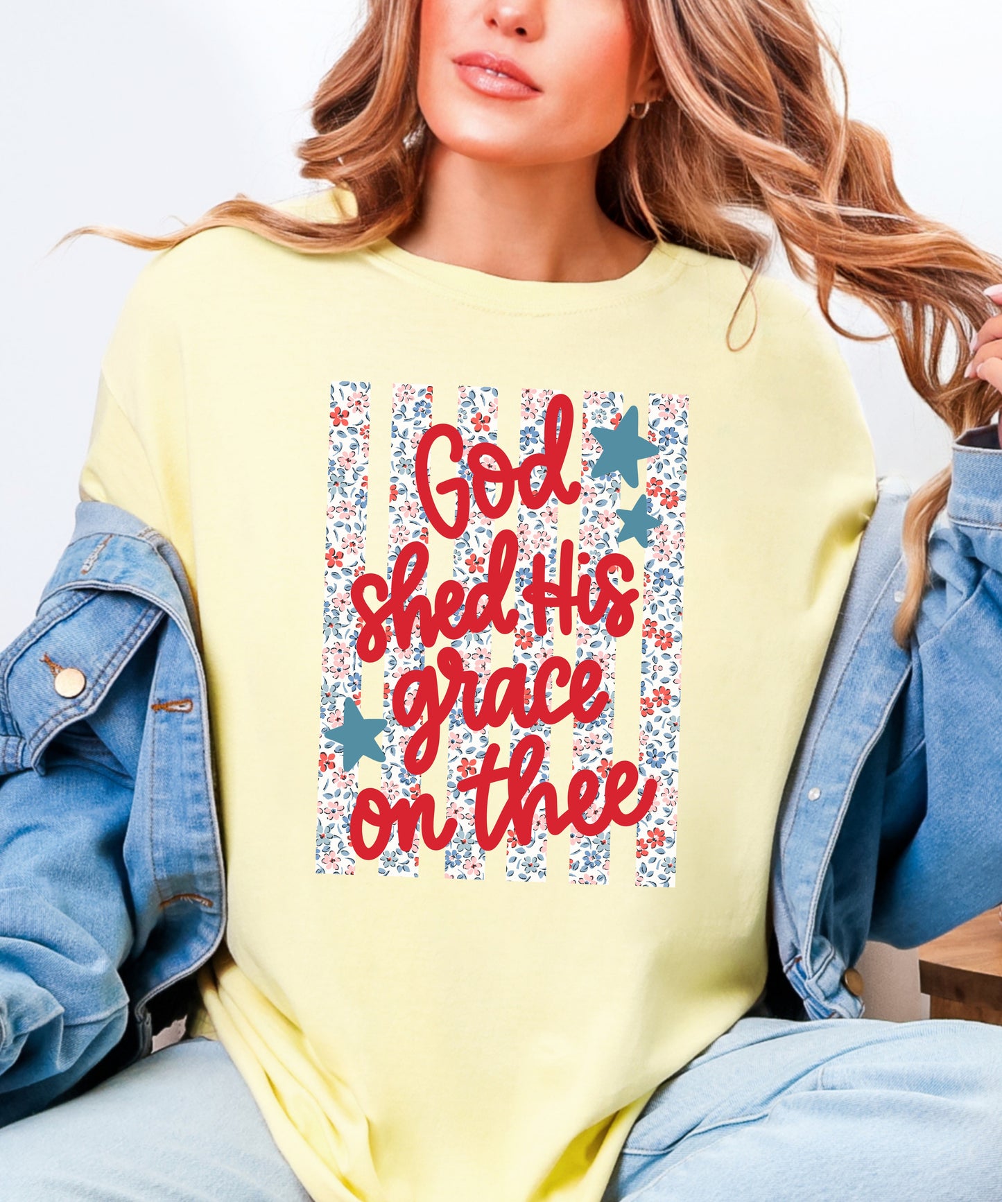 God Shed His Grace Patriotic T-Shirt | Floral American Flag Comfort Colors Tee