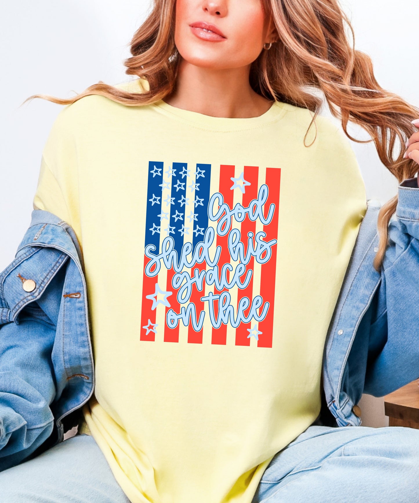God Shed His Grace Patriotic T-Shirt | Vintage Flag Faith Comfort Colors Tee
