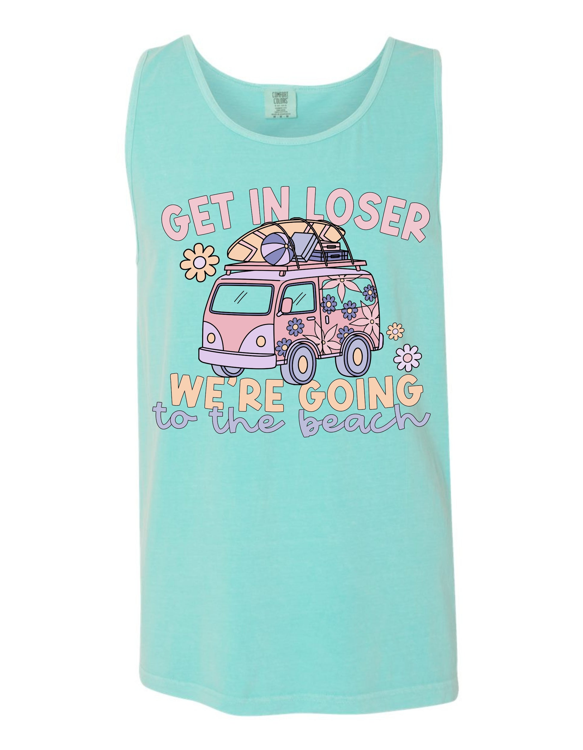 A light blue tank top with a graphic design featuring a pink van or truck with a surfboard on top, along with the text "GET IN LOSER WE'RE GOING TO THE BEACH" printed on it.